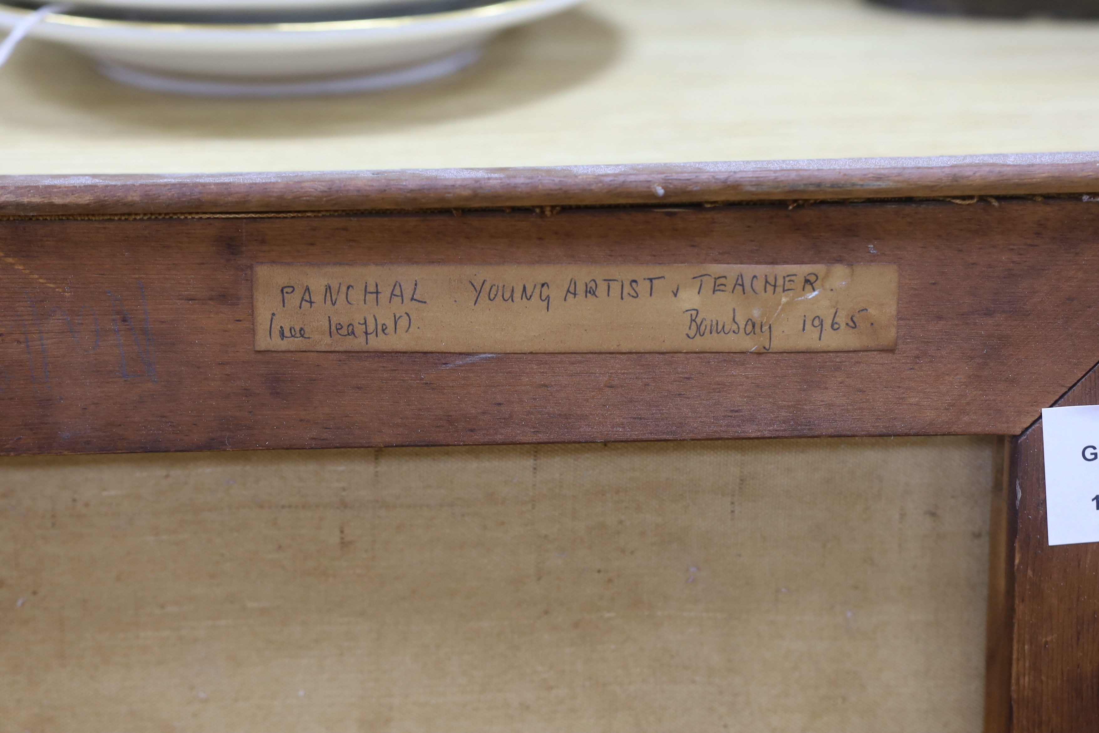 Early 20th century, oil on canvas, abstract composition, indistinctly signed, various inscriptions verso including ‘Panchal & Bombay 1965’, 84 x 60cm